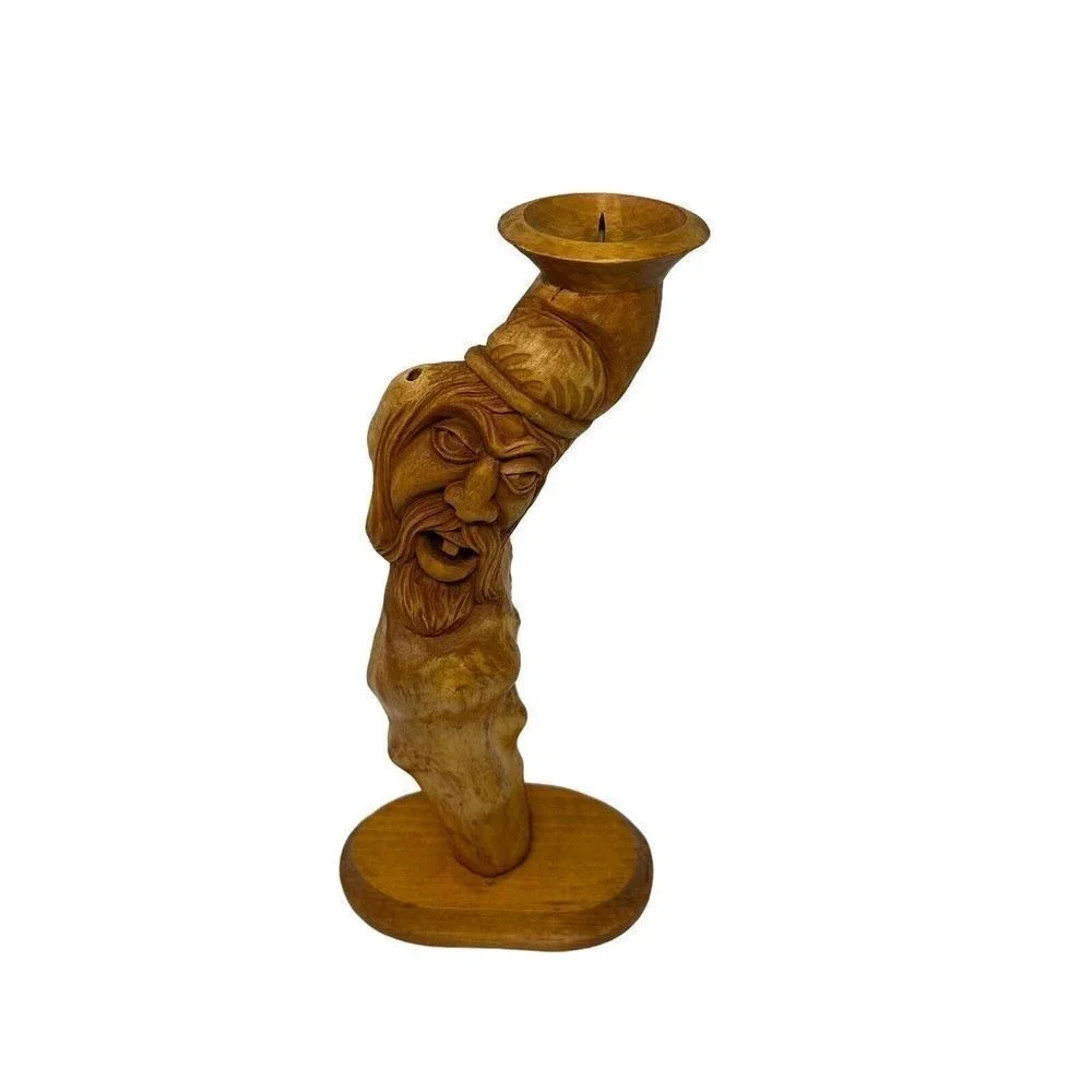 Hand Carved Wood Spirit Wizard Candlestick Holder Folk Art Whimsical Bearded Man